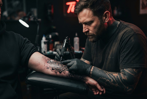 Tatuaje detallado de león realista combinado con patrones de geometría sagrada y mandala en el antebrazo realizado en Almamia Tattoo